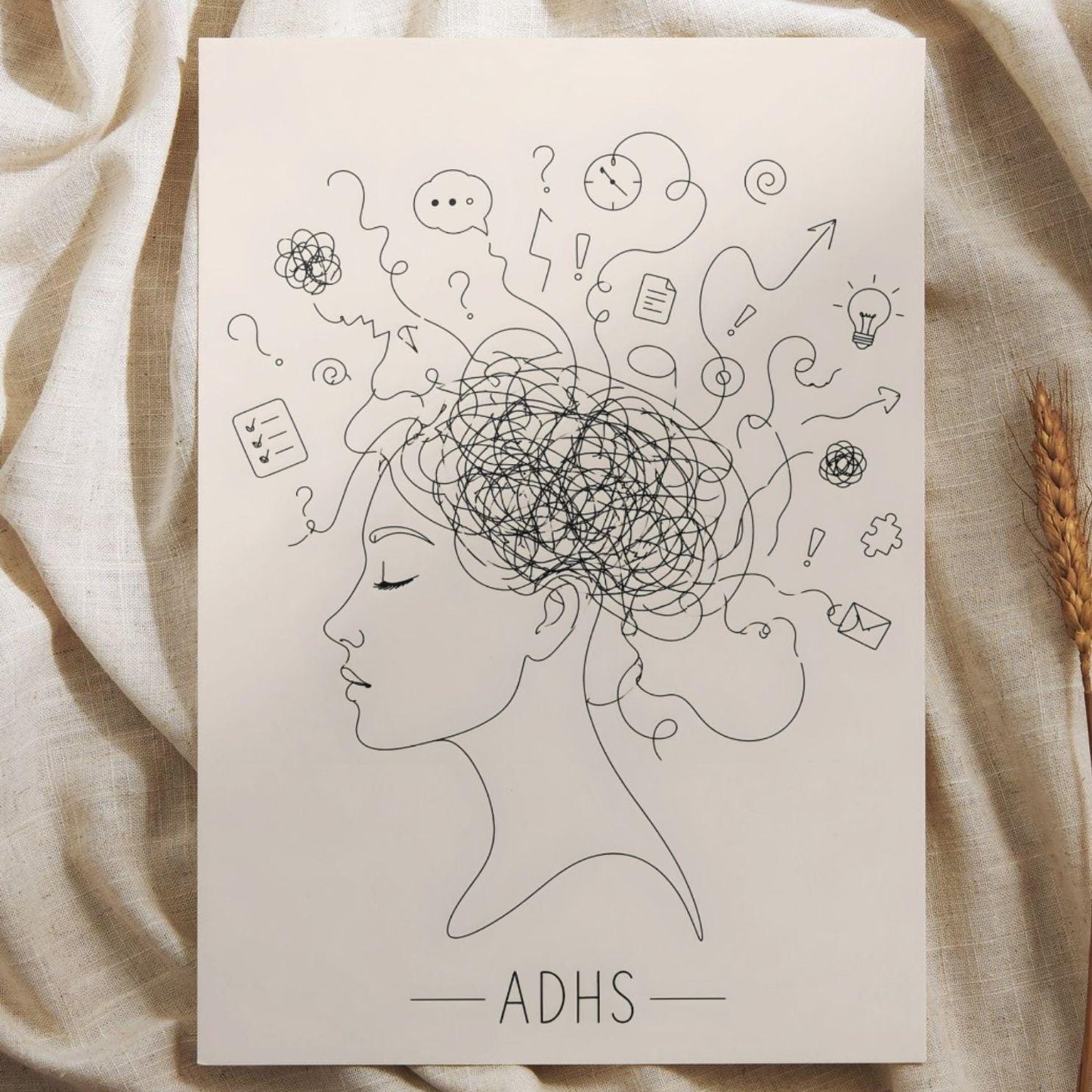ADHS Poster Line Art minimalistisch | Neurodiversität Wandbild | Gedankenchaos Kopf Illustration | Mental Health Deko | ADHD Geschenk