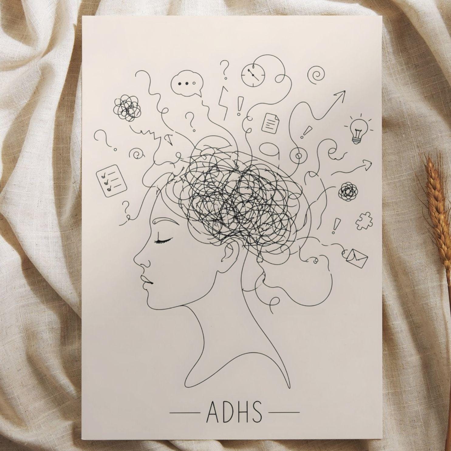 ADHS Poster Line Art minimalistisch | Neurodiversität Wandbild | Gedankenchaos Kopf Illustration | Mental Health Deko | ADHD Geschenk