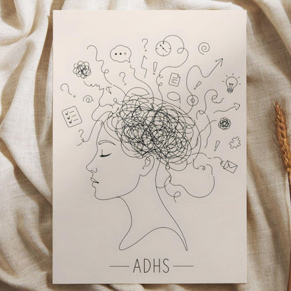 ADHS Poster Line Art minimalistisch | Neurodiversität Wandbild | Gedankenchaos Kopf Illustration | Mental Health Deko | ADHD Geschenk
