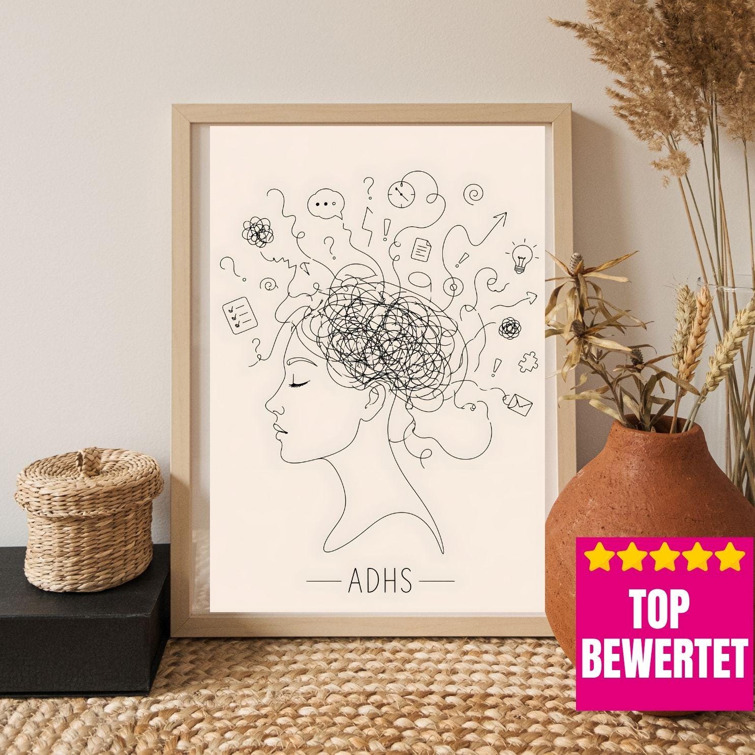 ADHS Poster Line Art minimalistisch | Neurodiversität Wandbild | Gedankenchaos Kopf Illustration | Mental Health Deko | ADHD Geschenk