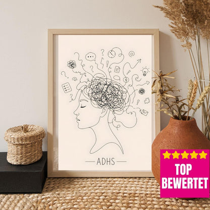 ADHS Poster Line Art minimalistisch | Neurodiversität Wandbild | Gedankenchaos Kopf Illustration | Mental Health Deko | ADHD Geschenk