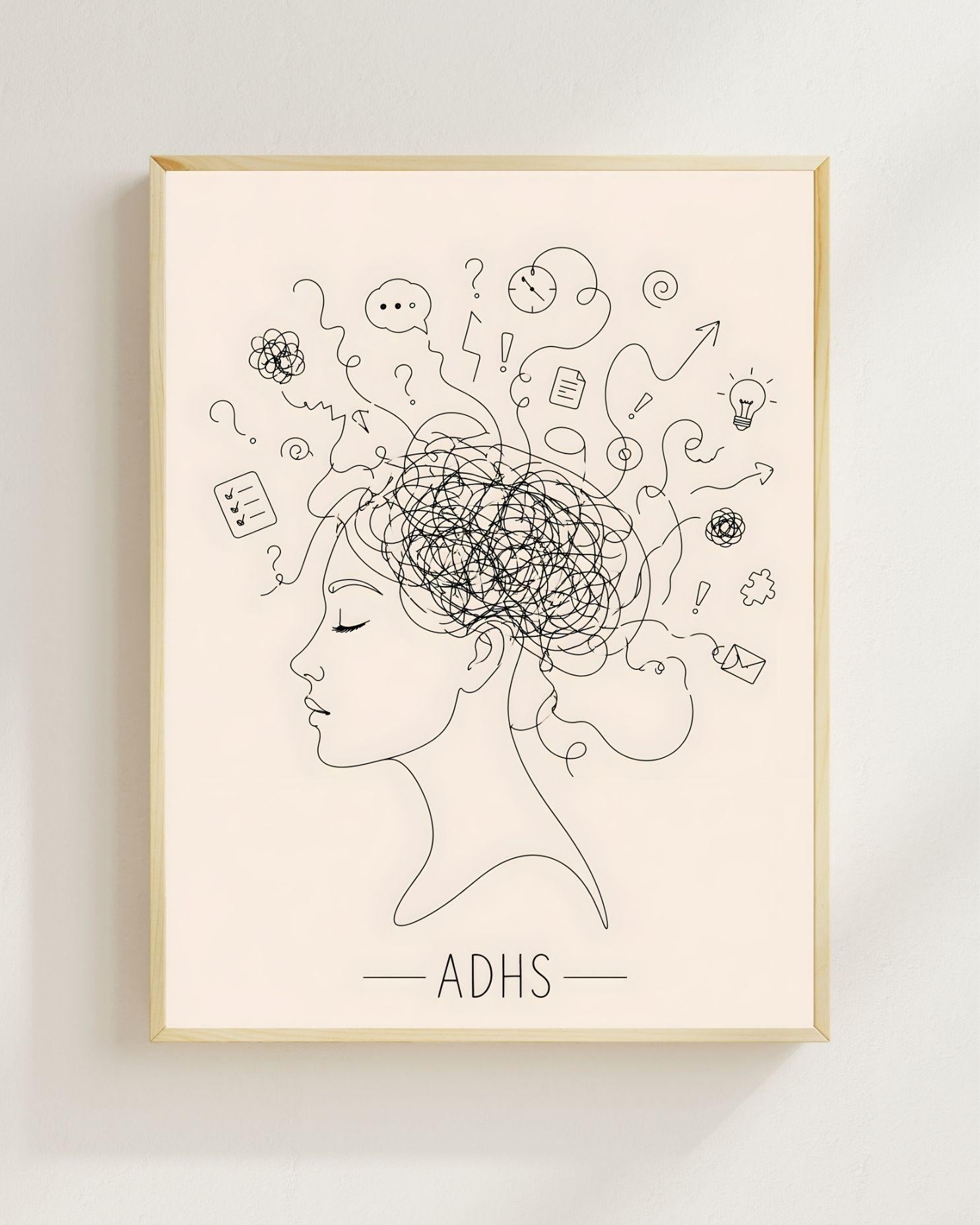 ADHS Poster Line Art minimalistisch | Neurodiversität Wandbild | Gedankenchaos Kopf Illustration | Mental Health Deko | ADHD Geschenk