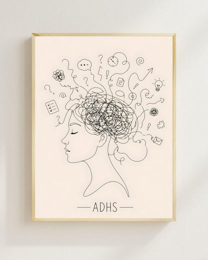 ADHS Poster Line Art minimalistisch | Neurodiversität Wandbild | Gedankenchaos Kopf Illustration | Mental Health Deko | ADHD Geschenk