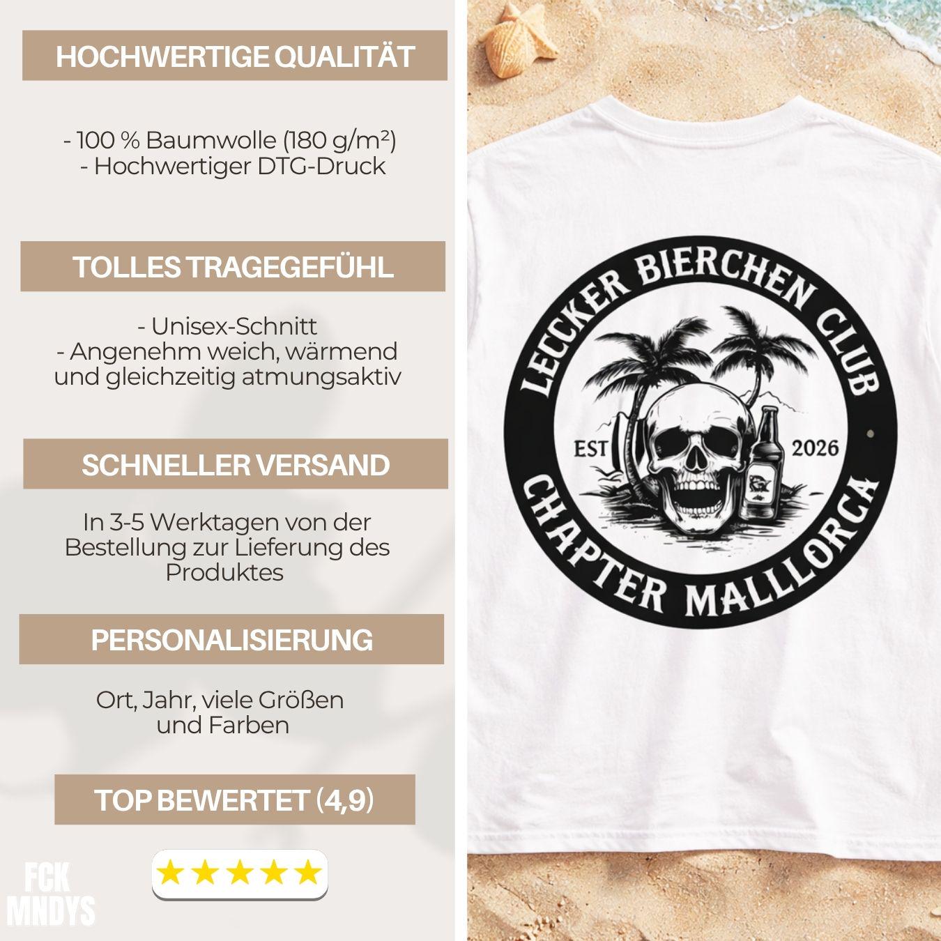 Personalisierbares Mallorca Shirt – Lecker Bierchen Club T-Shirt Herren – JGA Malle Outfit – Party Urlaub Shirt mit Wunsch Ort & Jahr