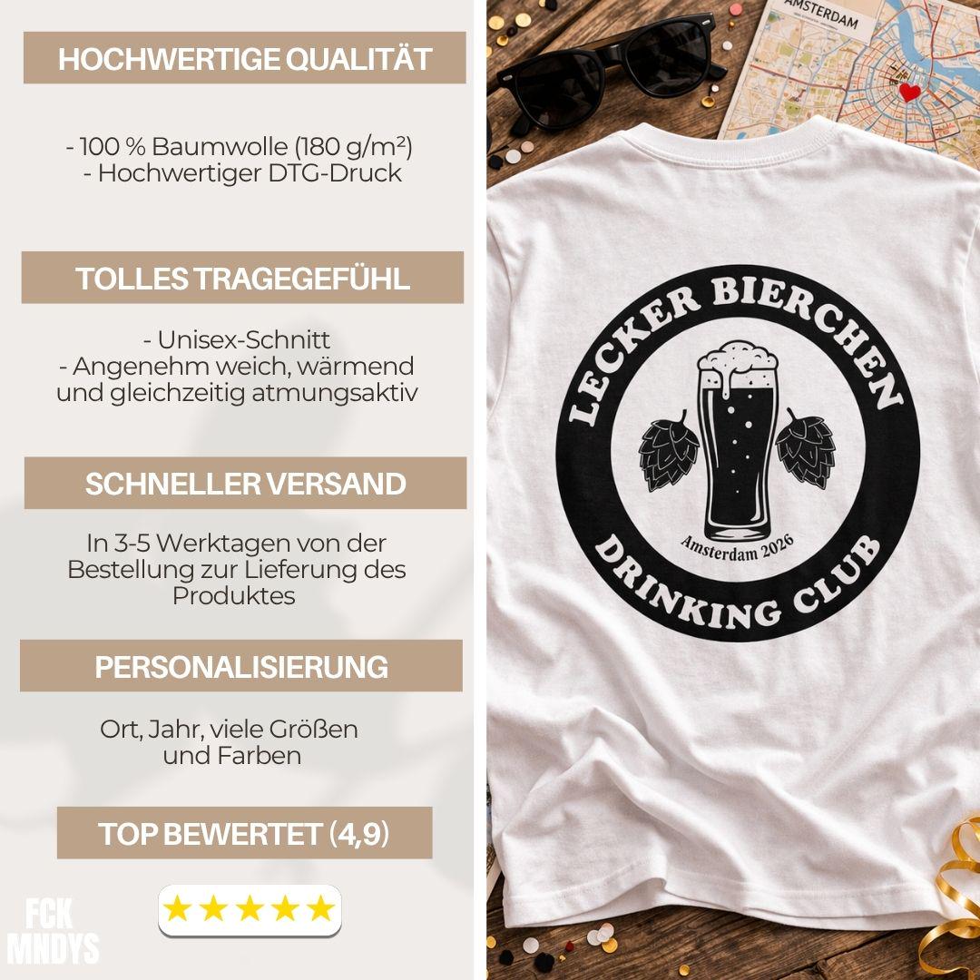 Personalisierbares JGA Shirt – Lecker Bierchen Drinking Club Männer – Outfit Party Urlaub T-Shirt mit Wunsch Ort & Jahr Junggesellenabschied