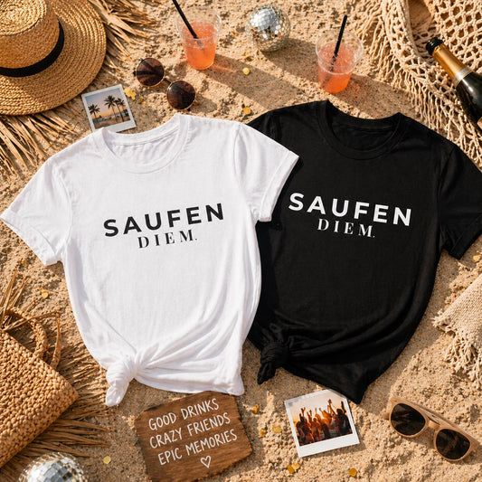 SAUFEN DIEM T-Shirt Unisex Bachelorette Junggesellinnenabschied Team Bride Bridal Party Outfit Hen Party Gruppe Geschenk Frauen Männer JGA