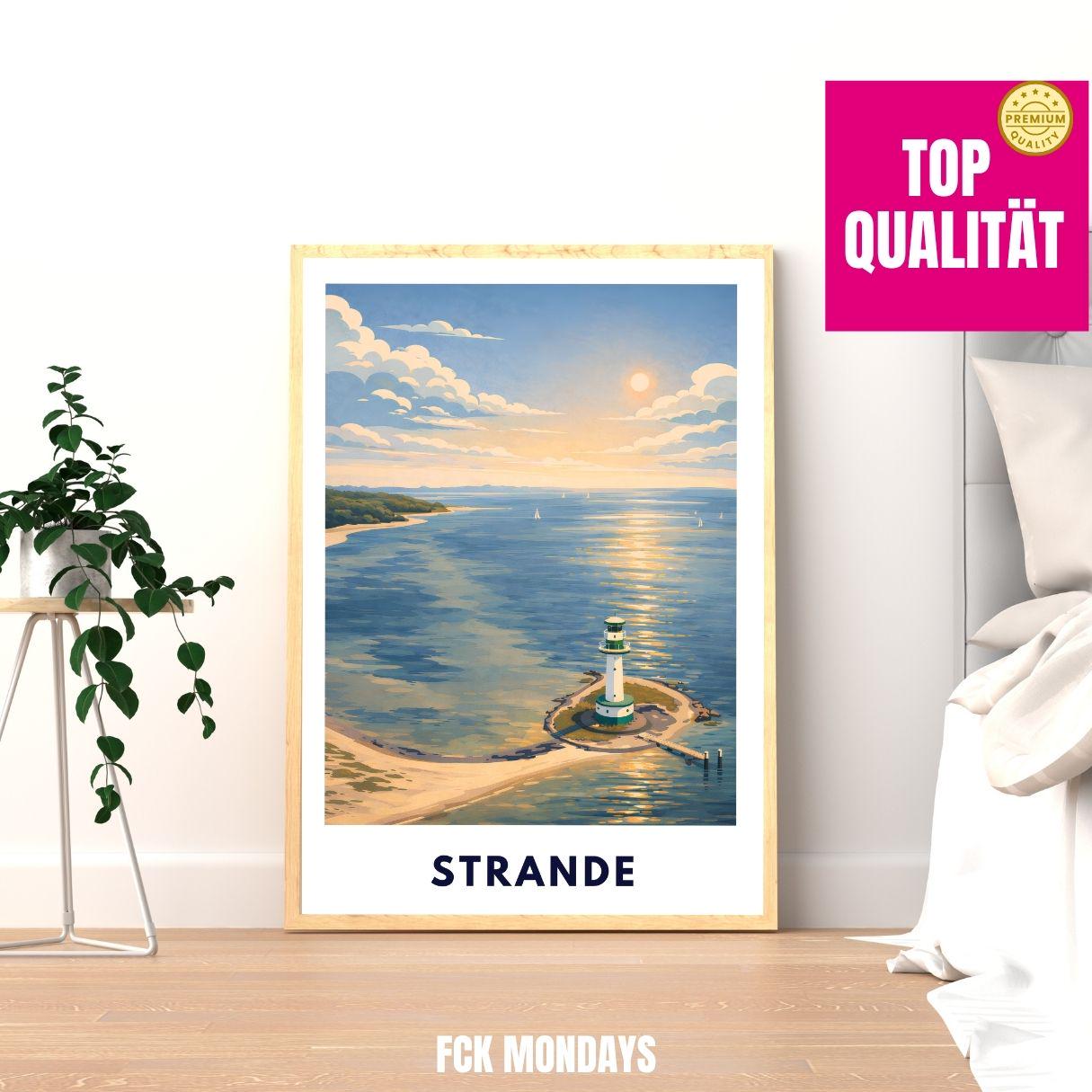 Strande Kiel Lighthouse Poster | Baltic Sea Wall Art | Kiel Fjord Print | Germany Travel Poster | Coastal Scandinavian Illustration