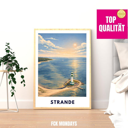 Strande Kiel Lighthouse Poster | Baltic Sea Wall Art | Kiel Fjord Print | Germany Travel Poster | Coastal Scandinavian Illustration