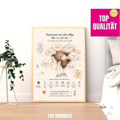 Depression Poster Deutsch | Mental Health Print | Symptome Depression Angst Burnout | Motivation Selbstliebe Wandbild Therapie Geschenk
