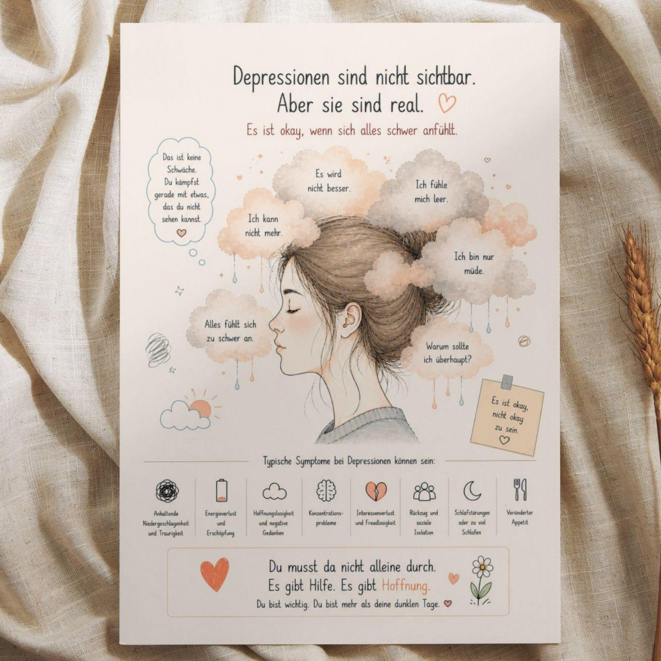 Depression Poster Deutsch | Mental Health Print | Symptome Depression Angst Burnout | Motivation Selbstliebe Wandbild Therapie Geschenk