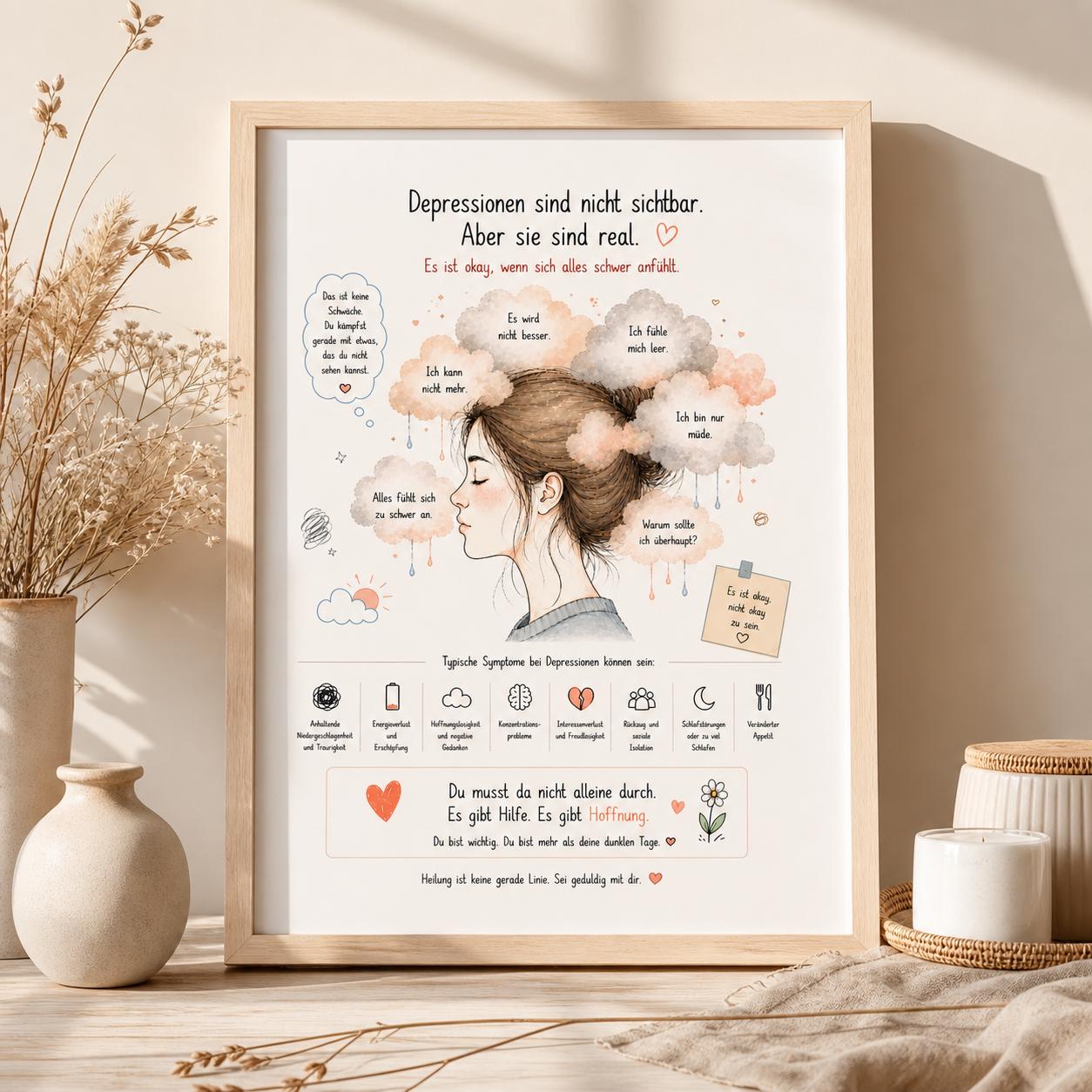 Depression Poster Deutsch | Mental Health Print | Symptome Depression Angst Burnout | Motivation Selbstliebe Wandbild Therapie Geschenk