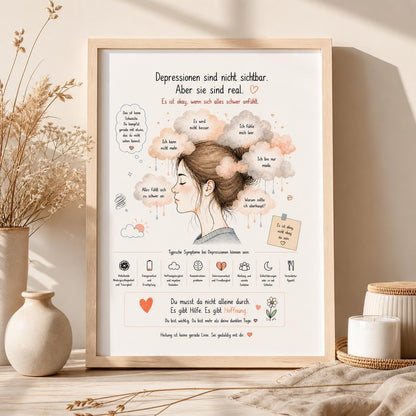 Depression Poster Deutsch | Mental Health Print | Symptome Depression Angst Burnout | Motivation Selbstliebe Wandbild Therapie Geschenk