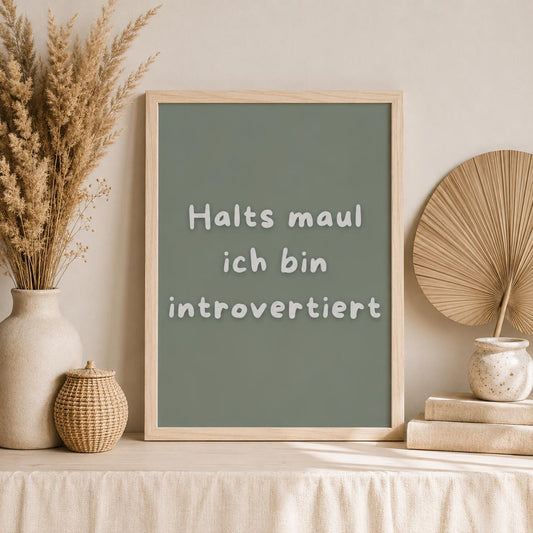 Introvertiert Spruch Poster Lustig | Halts Maul ich bin introvertiert | Humor Wandbild Mental Health Social Battery Zitat | Minimalistisch