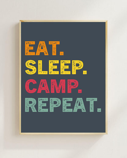 Eat Sleep Camp Repeat Poster | Camping Wandbild Outdoor | Vanlife Deko Minimalistisch | Lustiger Spruch Zelt Camping Geschenk Plakat Reisen