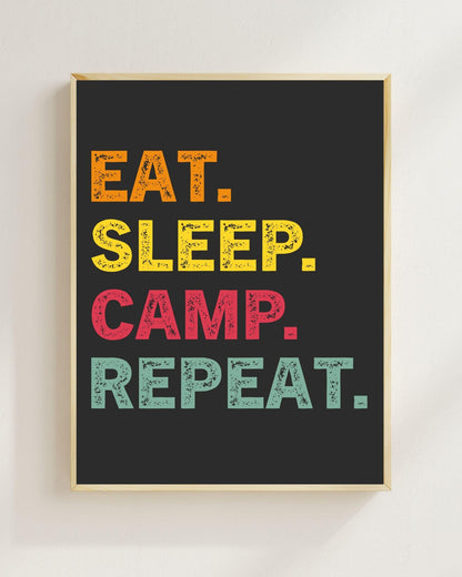 Eat Sleep Camp Repeat Poster | Camping Wandbild Outdoor | Vanlife Deko Minimalistisch | Lustiger Spruch Zelt Camping Geschenk Plakat Reisen