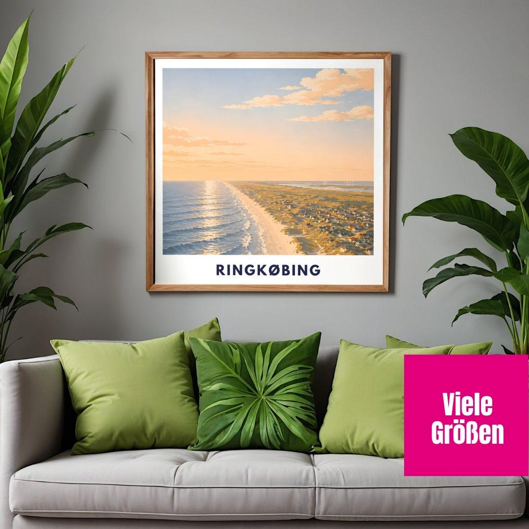 Ringkøbing Poster Dänemark Strand Nordsee Sonnenuntergang Küste Urlaub Vintage Art Print Skandinavien Wandbild Meer Fjord Hafenstadt
