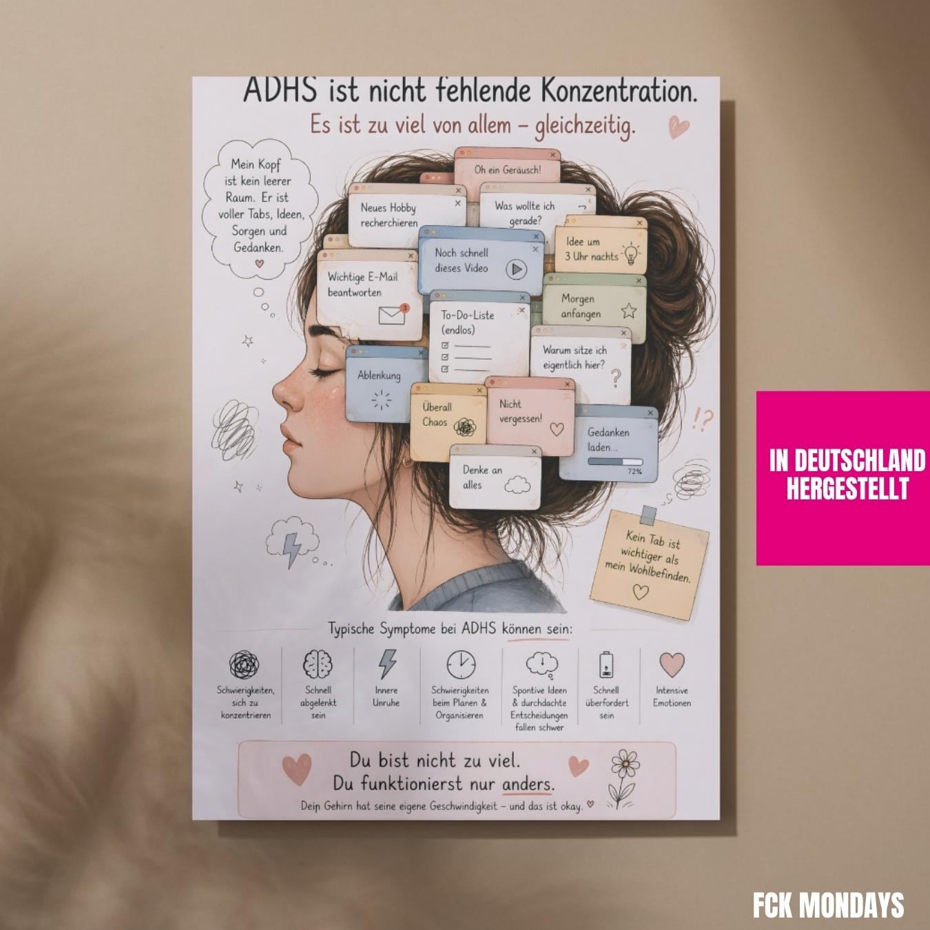 ADHS Poster für mehr Verständnis & Selbstliebe. Perfekt bei Konzentrationsproblemen, Overthinking, Reizüberflutung Mental Health Geschenk