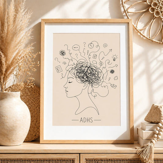 ADHS Poster Line Art minimalistisch | Neurodiversität Wandbild | Gedankenchaos Kopf Illustration | Mental Health Deko | ADHD Geschenk