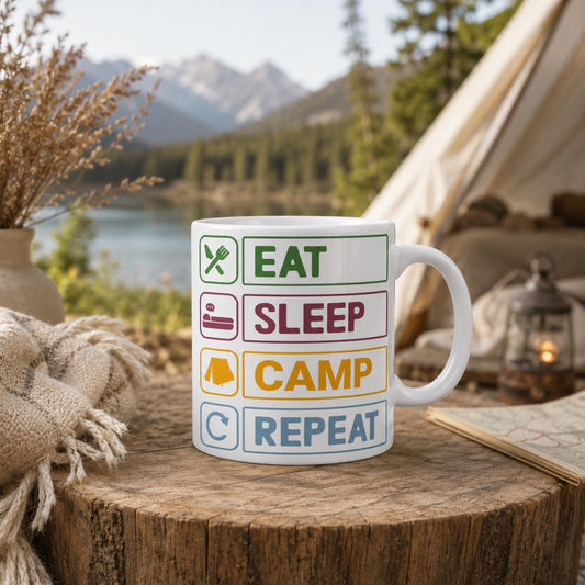Camping Tasse Eat Sleep Camp Repeat | Lustige Camper Tasse | Geschenk für Camper Van Fans | Camping Becher Outdoor Zelten Keramiktasse