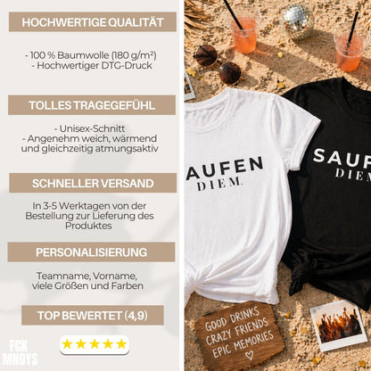 SAUFEN DIEM T-Shirt Unisex Bachelorette Junggesellinnenabschied Team Bride Bridal Party Outfit Hen Party Gruppe Geschenk Frauen Männer JGA