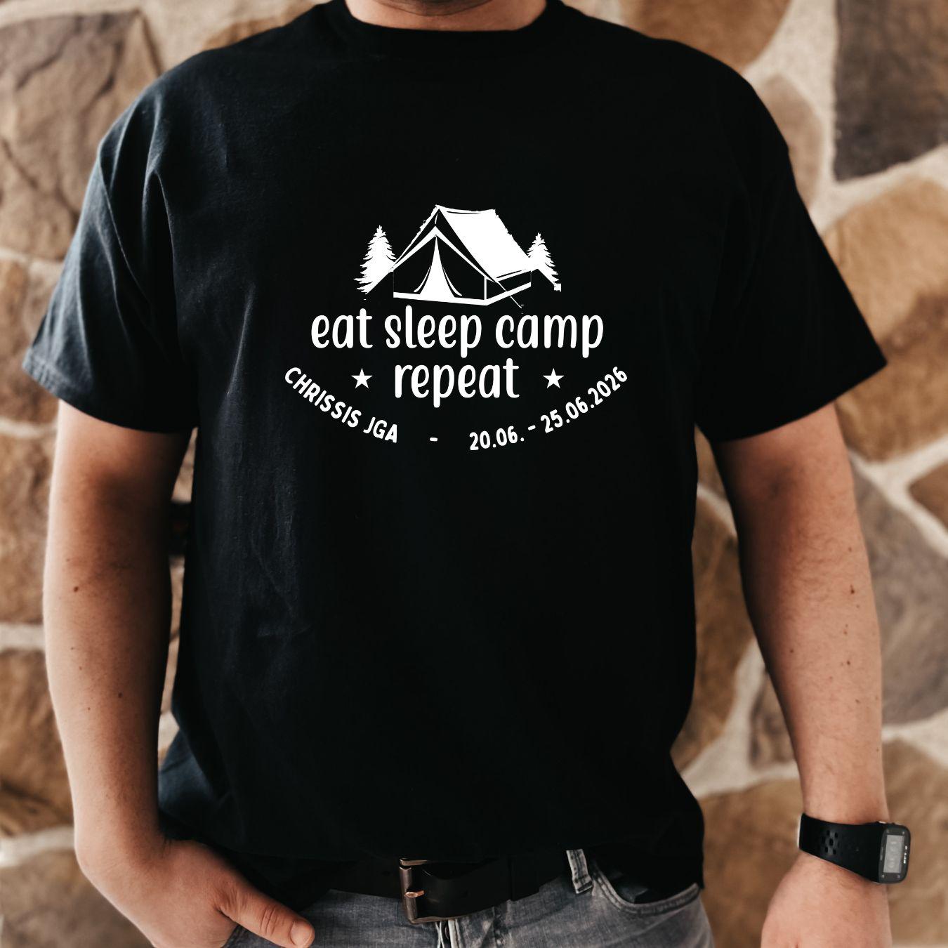Camping JGA Shirt Herren | Männer Abenteuer Urlaub Shirt | Eat Sleep Camp Repeat | Junggesellenabschied Camping Trip