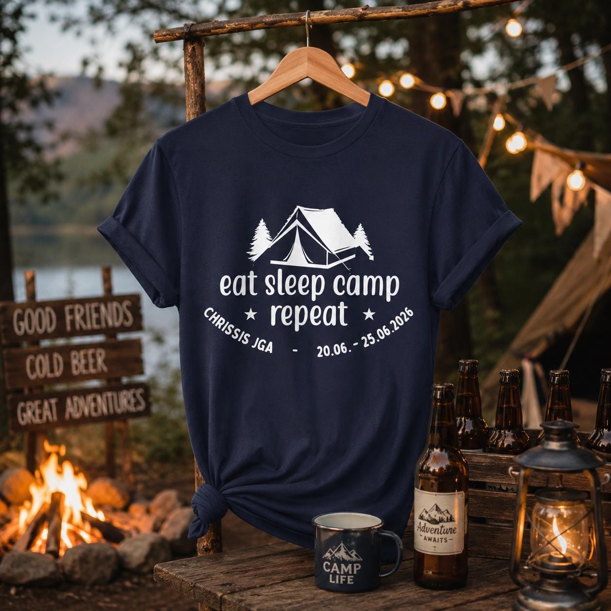 Camping JGA Shirt Herren | Männer Abenteuer Urlaub Shirt | Eat Sleep Camp Repeat | Junggesellenabschied Camping Trip