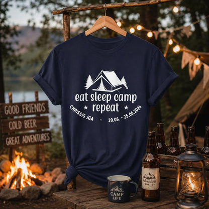 Camping JGA Shirt Herren | Männer Abenteuer Urlaub Shirt | Eat Sleep Camp Repeat | Junggesellenabschied Camping Trip