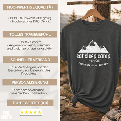 Camping JGA Shirt Herren, Eat Sleep Camp Repeat Shirt, Männertrip T-Shirt, Outdoor Junggesellenabschied Urlaub