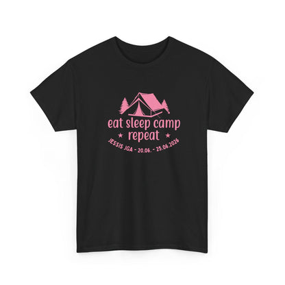 Camping JGA Shirt Damen personalisiert, Eat Sleep Camp Repeat Shirt, Frauen JGA Outfit, Outdoor Mädels Trip Shirt
