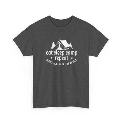 Camping JGA Shirt Damen personalisiert, Eat Sleep Camp Repeat Shirt, Frauen JGA Outfit, Outdoor Mädels Trip Shirt