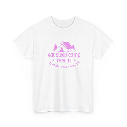Camping JGA Shirt Damen personalisiert, Eat Sleep Camp Repeat Shirt, Frauen JGA Outfit, Outdoor Mädels Trip Shirt
