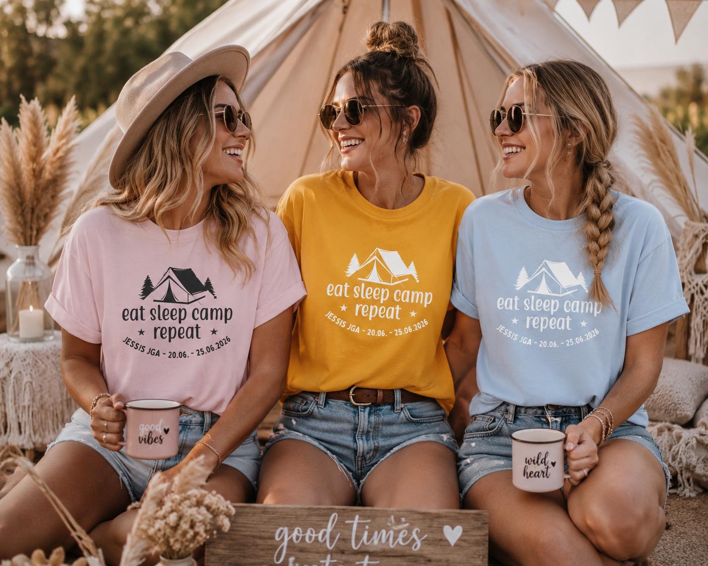 Camping JGA Shirt Damen personalisiert, Eat Sleep Camp Repeat Shirt, Frauen JGA Outfit, Outdoor Mädels Trip Shirt