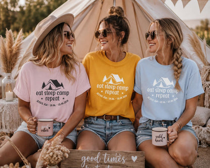 Camping JGA Shirt Damen personalisiert, Eat Sleep Camp Repeat Shirt, Frauen JGA Outfit, Outdoor Mädels Trip Shirt