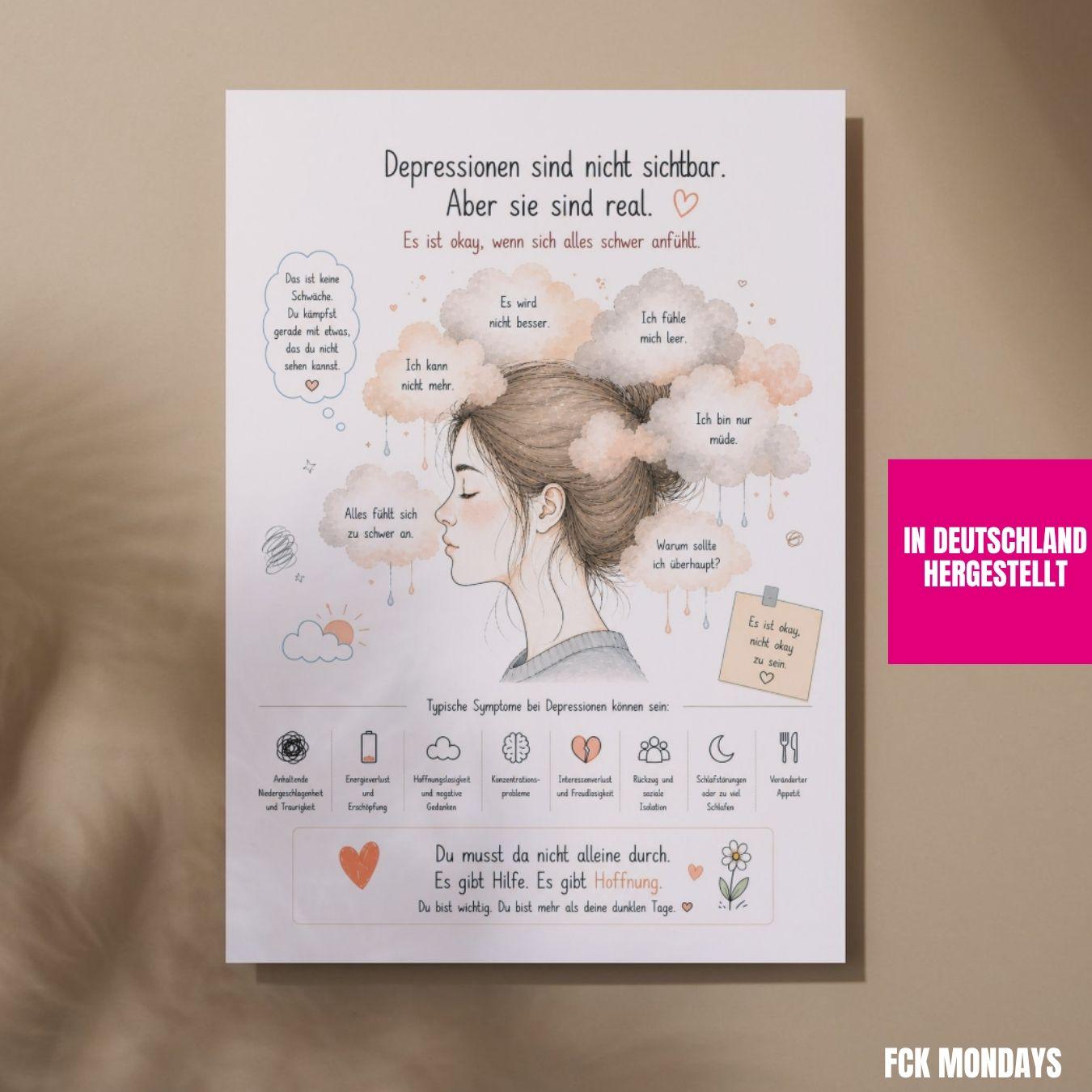 Depression Poster Deutsch | Mental Health Print | Symptome Depression Angst Burnout | Motivation Selbstliebe Wandbild Therapie Geschenk