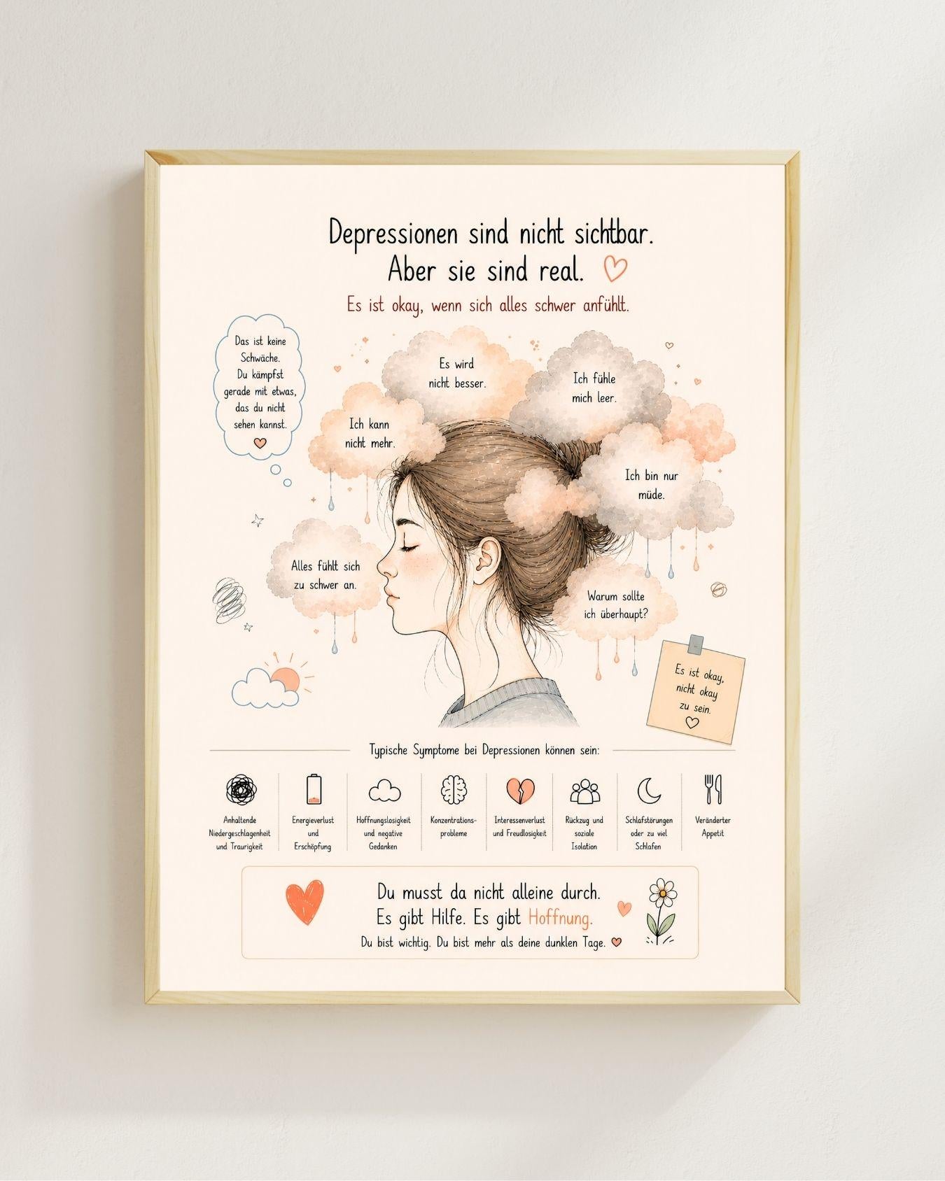 Depression Poster Deutsch | Mental Health Print | Symptome Depression Angst Burnout | Motivation Selbstliebe Wandbild Therapie Geschenk