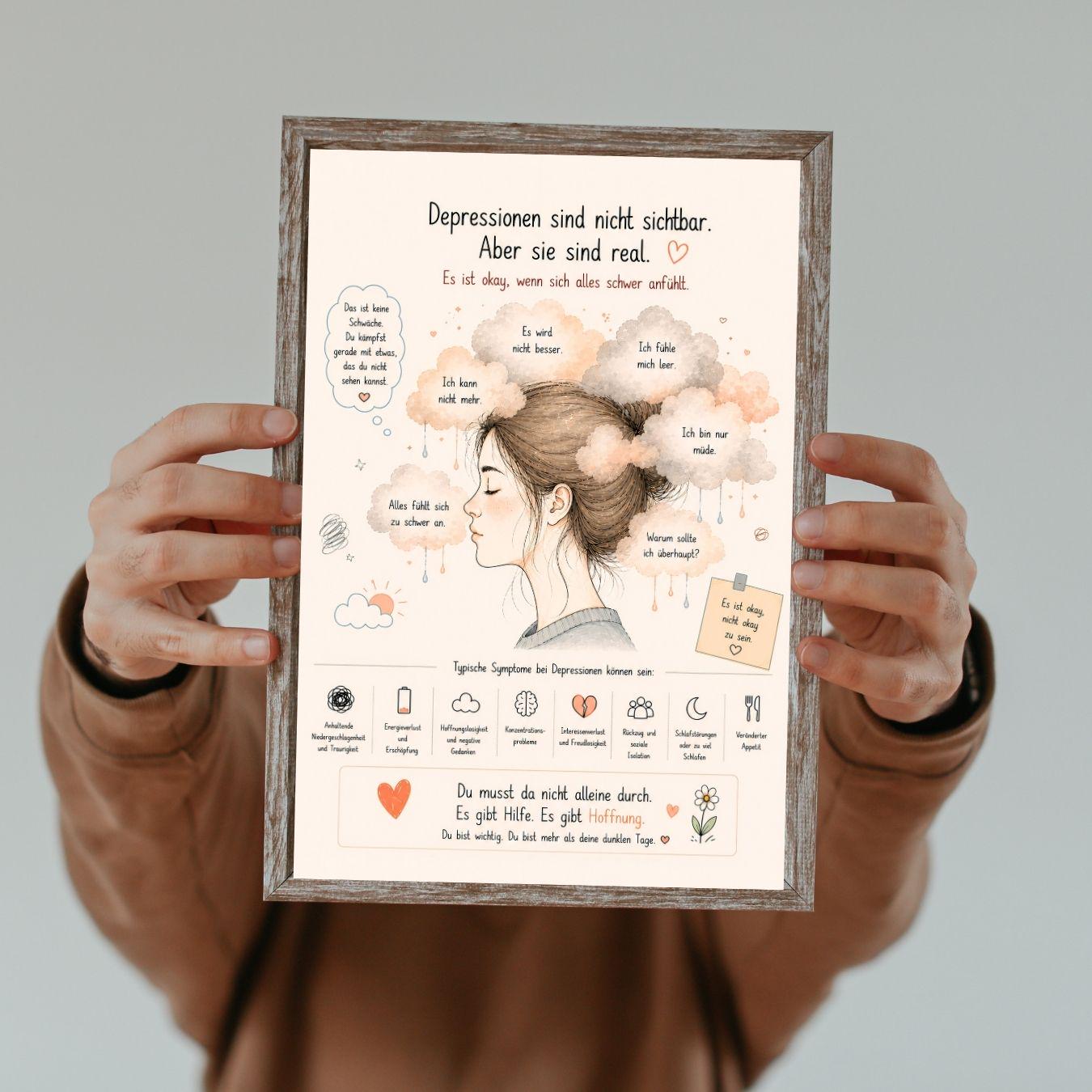 Depression Poster Deutsch | Mental Health Print | Symptome Depression Angst Burnout | Motivation Selbstliebe Wandbild Therapie Geschenk