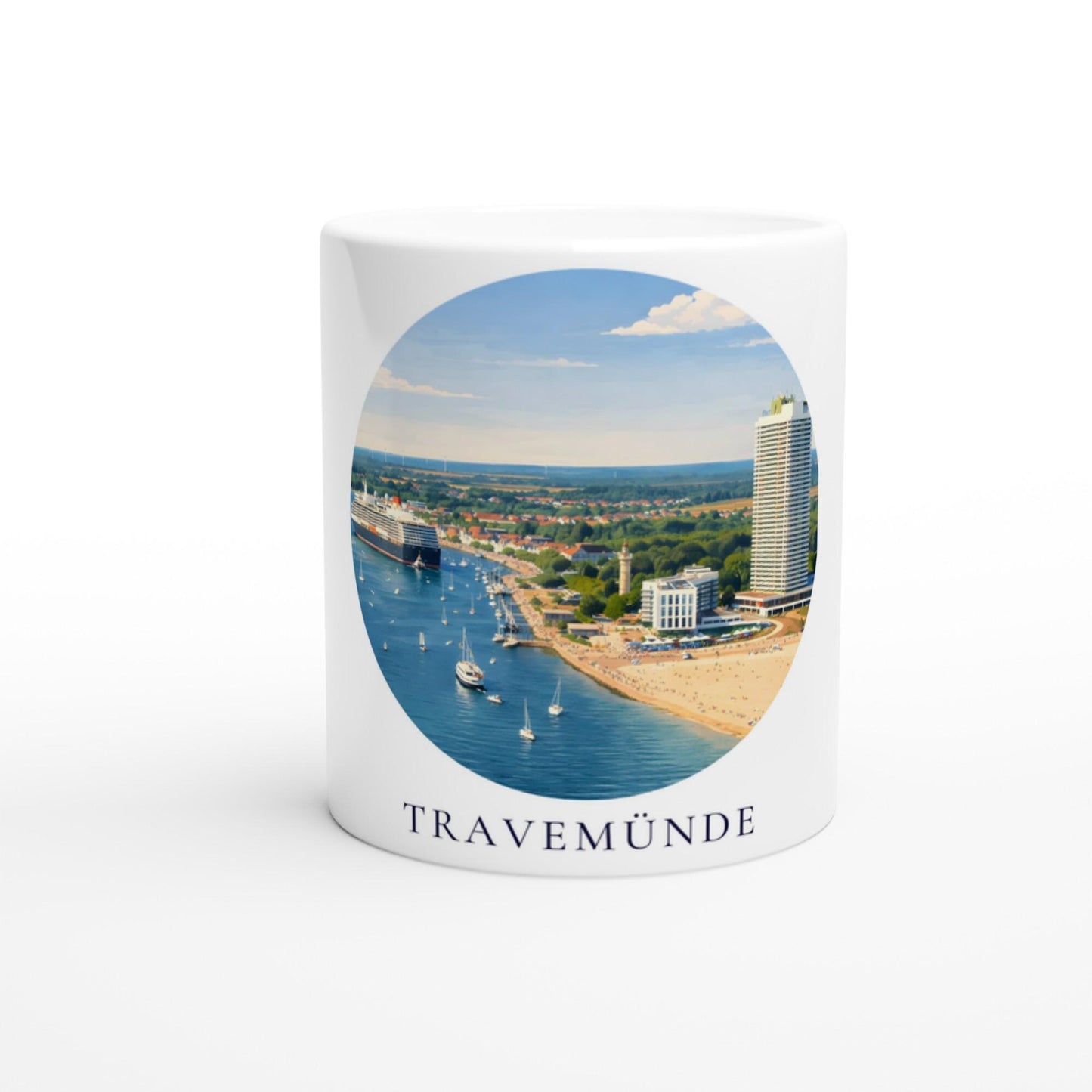 Travemünde Tasse | Ostsee Becher mit Strand und Hafen Motiv | Geschenk für Meerliebhaber | Lübeck Souvenir | Kaffee Becher