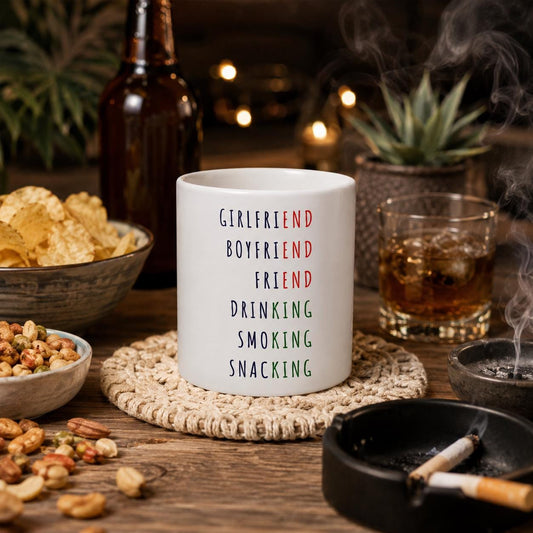 Lustige Tasse | Girlfriend Boyfriend Friend Kaffee Becher | Drinking Smoking Snacking Mug | Geschenk für Freunde | Party Humor Tasse JGA