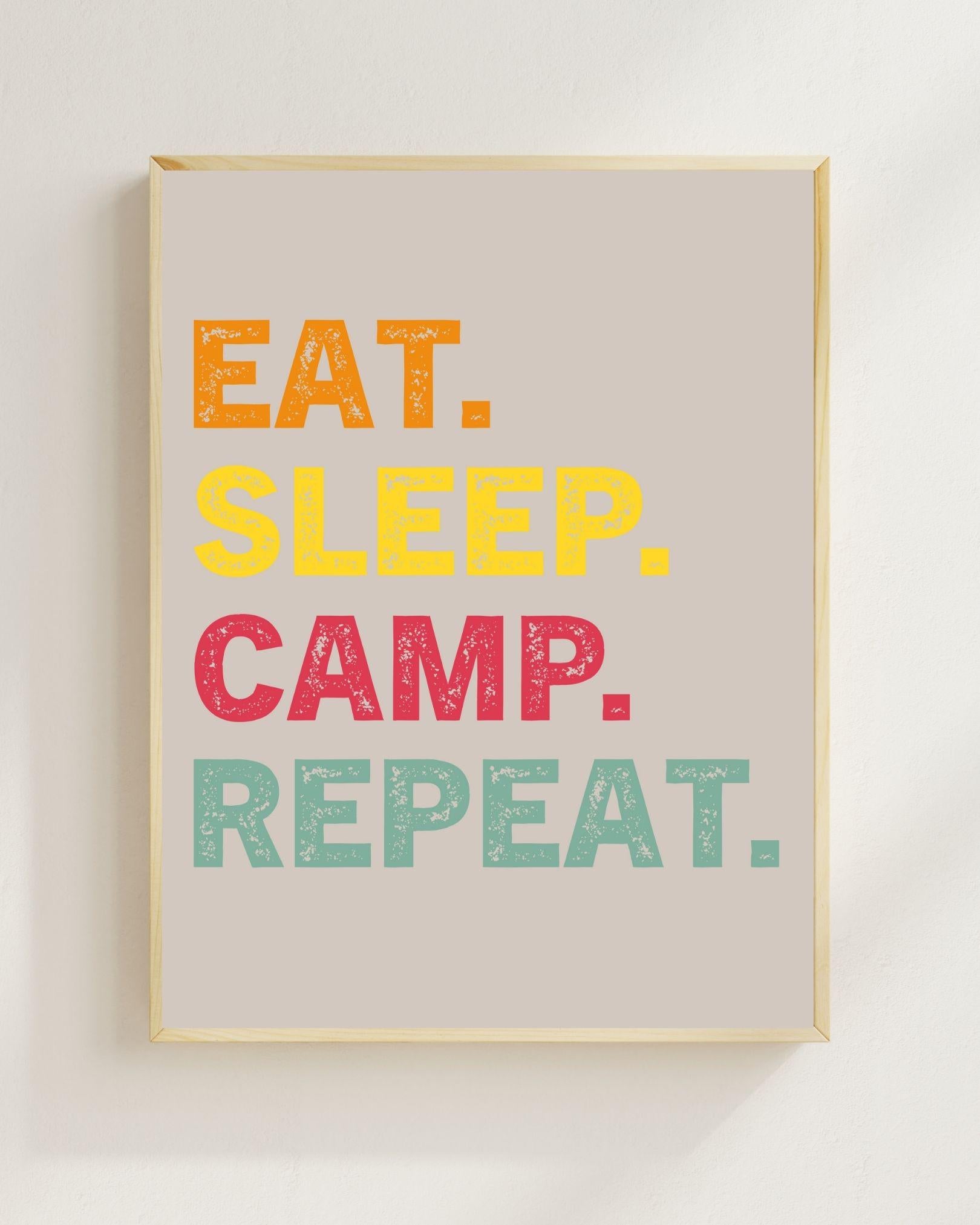 Eat Sleep Camp Repeat Poster | Camping Wandbild Outdoor | Vanlife Deko Minimalistisch | Lustiger Spruch Zelt Camping Geschenk Plakat Reisen