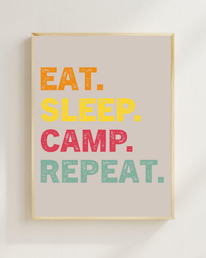 Eat Sleep Camp Repeat Poster | Camping Wandbild Outdoor | Vanlife Deko Minimalistisch | Lustiger Spruch Zelt Camping Geschenk Plakat Reisen