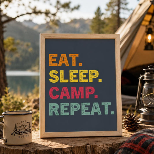 Eat Sleep Camp Repeat Poster | Camping Wandbild Outdoor | Vanlife Deko Minimalistisch | Lustiger Spruch Zelt Camping Geschenk Plakat Reisen