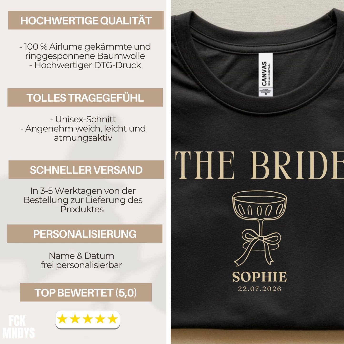 Bride Shirt personalisiert, THE BRIDE T-Shirt JGA, Braut Shirt mit Name & Datum, Bachelorette Party Outfit, Clean Bridal Shirt Party Urlaub