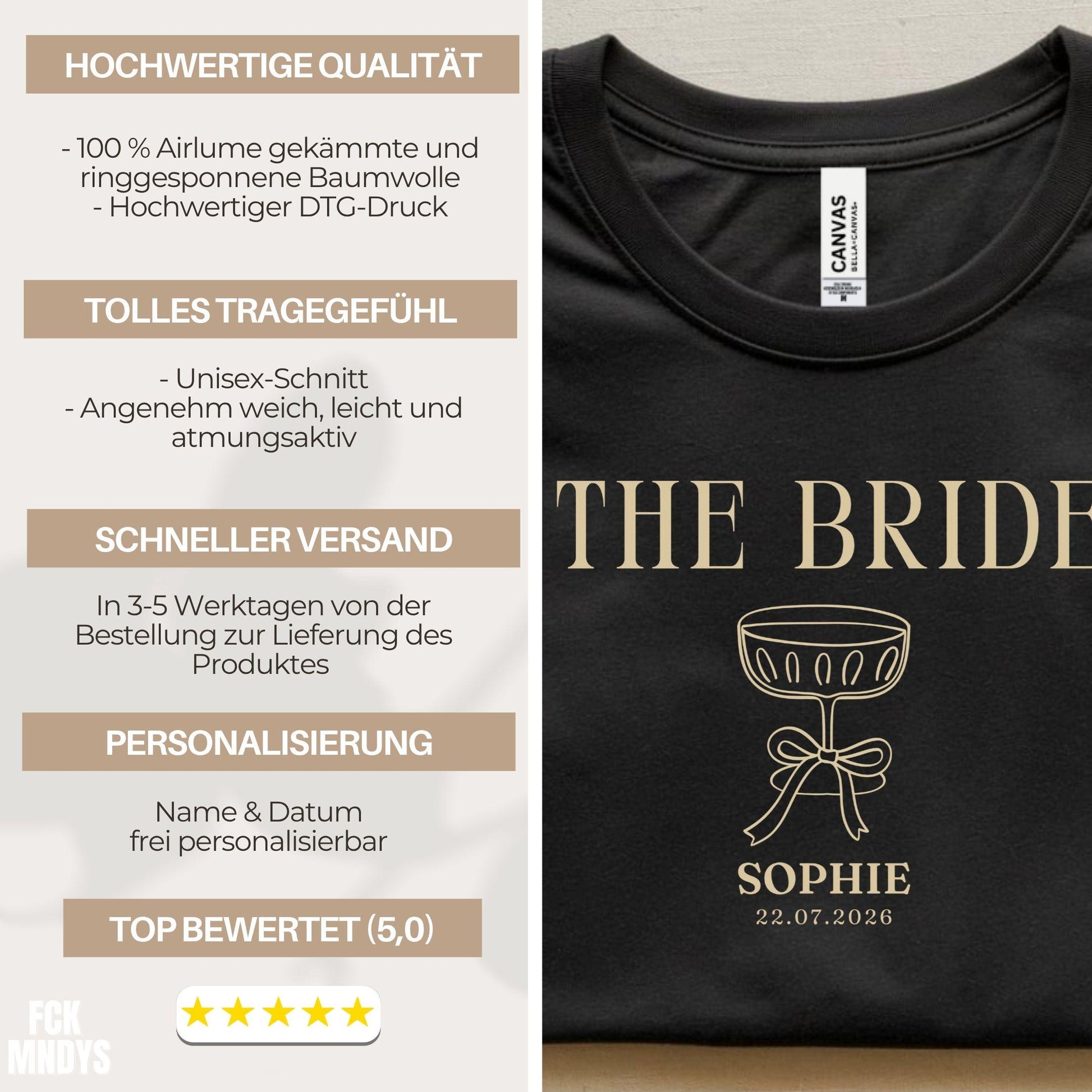 Bride Shirt personalisiert, THE BRIDE T-Shirt JGA, Braut Shirt mit Name & Datum, Bachelorette Party Outfit, Clean Bridal Shirt Party Urlaub