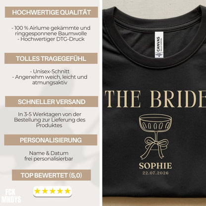 Bride Shirt personalisiert, THE BRIDE T-Shirt JGA, Braut Shirt mit Name & Datum, Bachelorette Party Outfit, Clean Bridal Shirt Party Urlaub
