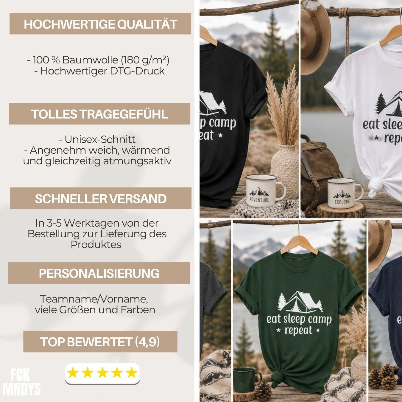Camping JGA Shirt Herren | Männer Abenteuer Urlaub Shirt | Eat Sleep Camp Repeat | Junggesellenabschied Camping Trip
