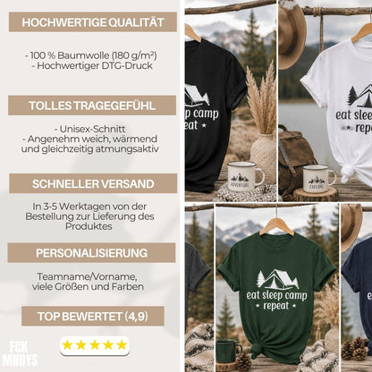 Camping JGA Shirt Herren | Männer Abenteuer Urlaub Shirt | Eat Sleep Camp Repeat | Junggesellenabschied Camping Trip