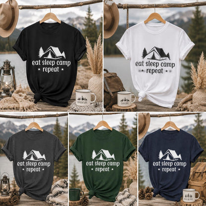 Camping JGA Shirt Herren | Männer Abenteuer Urlaub Shirt | Eat Sleep Camp Repeat | Junggesellenabschied Camping Trip