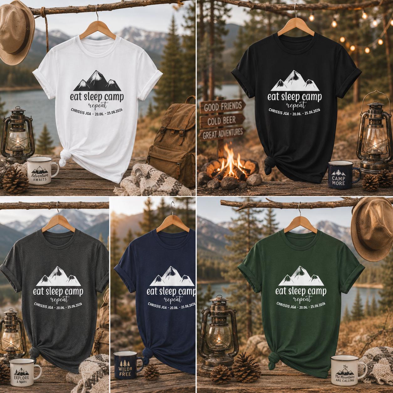 Camping JGA Shirt Herren, Eat Sleep Camp Repeat Shirt, Männertrip T-Shirt, Outdoor Junggesellenabschied Urlaub