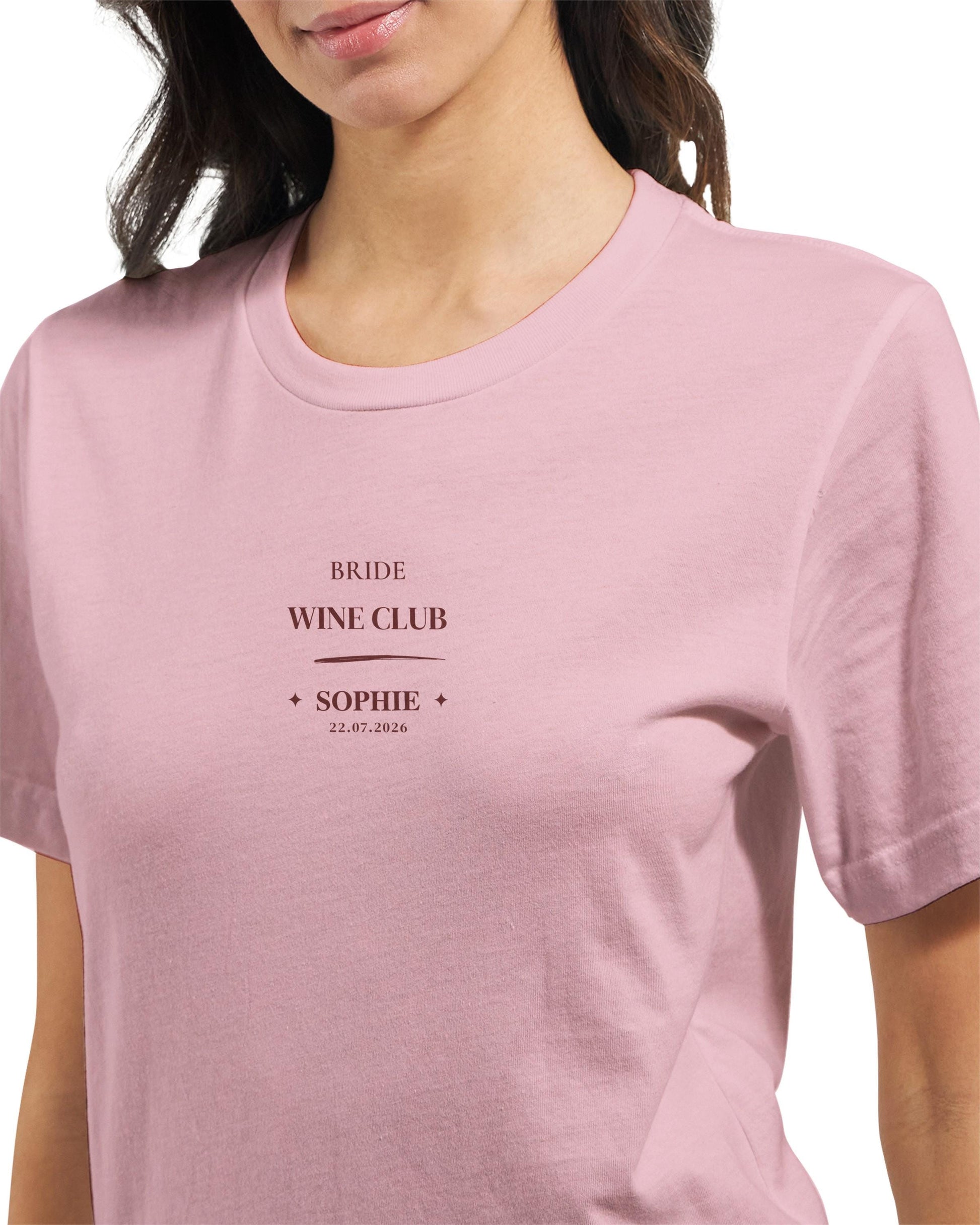 Bride Wine Club Shirt personalisiert | JGA Shirt Braut mit Name & Datum | Bachelorette Wine Tasting Outfit Bridal Weekend