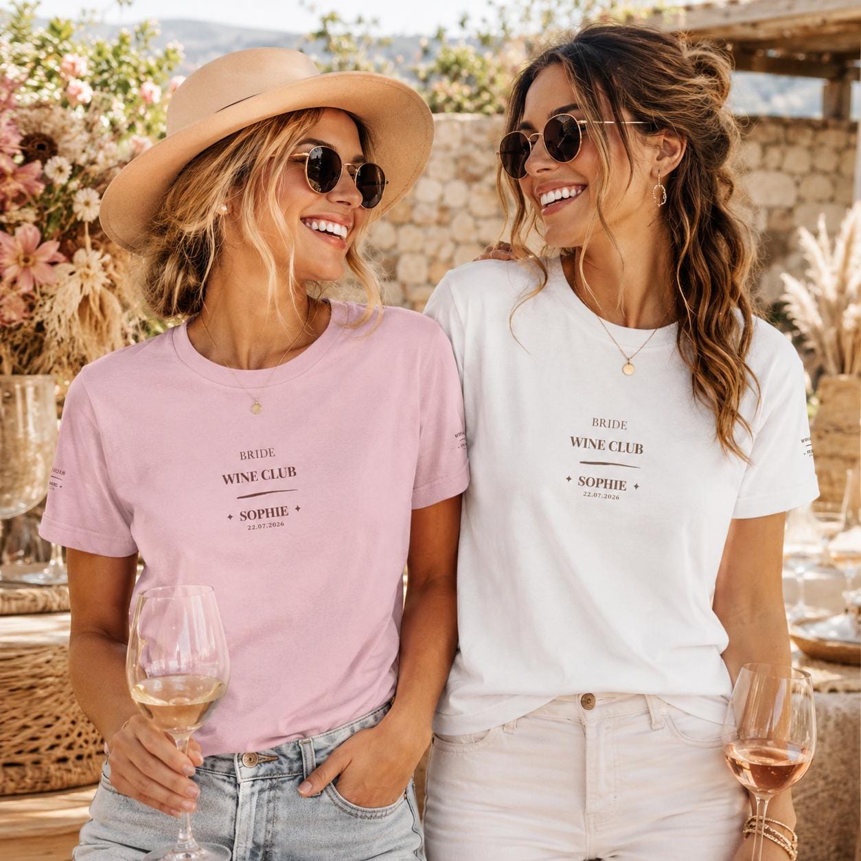 Bride Wine Club Shirt personalisiert | JGA Shirt Braut mit Name & Datum | Bachelorette Wine Tasting Outfit Bridal Weekend